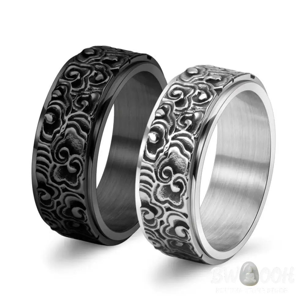 Buddha Stones Auspicious Clouds Pattern Carved Titanium Steel Balance Rotatable Ring - Ring