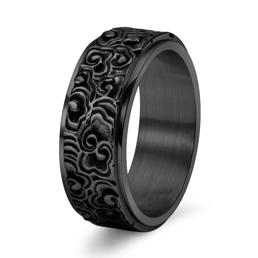 Buddha Stones Auspicious Clouds Pattern Carved Titanium Steel Balance Rotatable Ring - Black / US7 - Ring