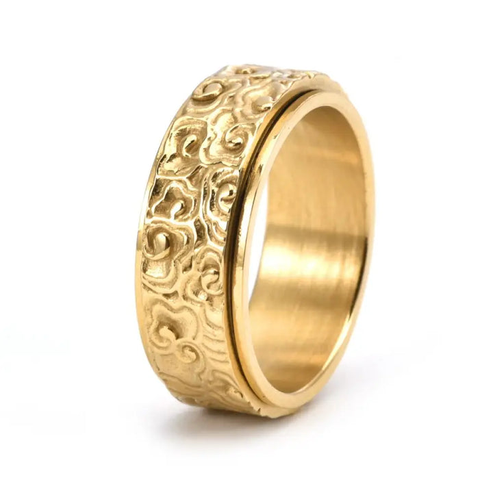 Buddha Stones Auspicious Clouds Pattern Carved Titanium Steel Balance Rotatable Ring - Gold / US7 - Ring