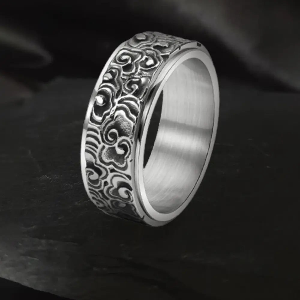 BWOOOH Auspicious Clouds Pattern Carved Titanium Steel Balance Rotatable Ring — natural stone crystal healing bracelet for...