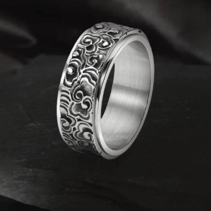 BWOOOH Auspicious Clouds Pattern Carved Titanium Steel Balance Rotatable Ring — natural stone crystal healing bracelet for...