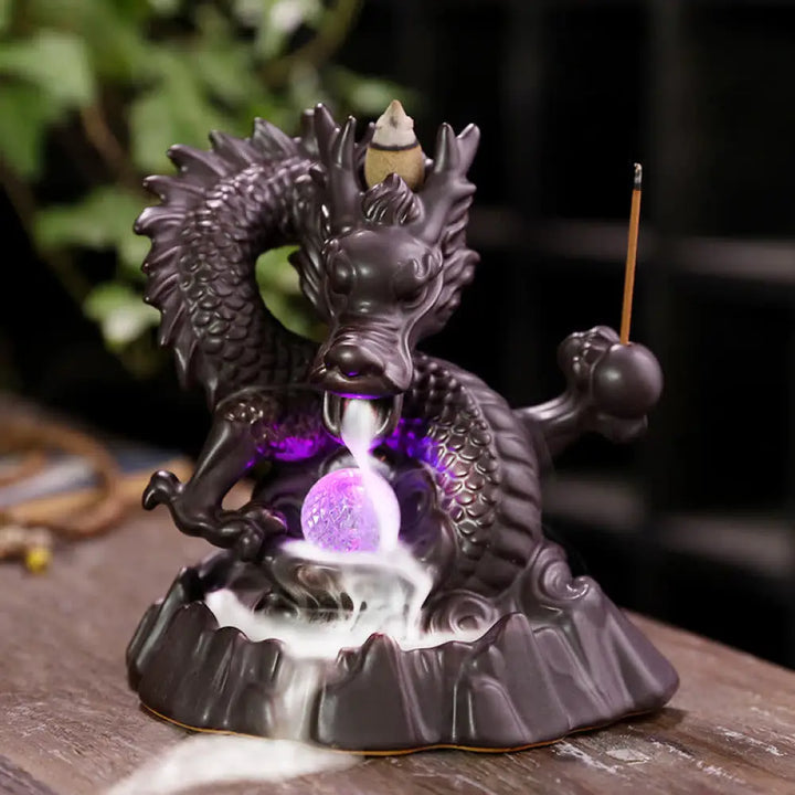 BWOOOH Auspicious Dragon Ceramic Backflow Smoke Fountain Meditation Healing Incense Burner Led Ball Decoration