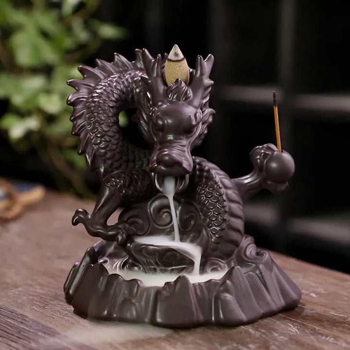 BWOOOH Auspicious Dragon Ceramic Backflow Smoke Fountain Meditation Healing Incense Burner Led Ball Decoration