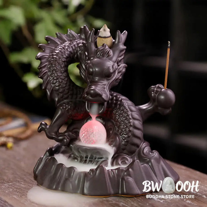 BWOOOH Auspicious Dragon Ceramic Backflow Smoke Fountain Meditation Healing Incense Burner Led Ball Decoration
