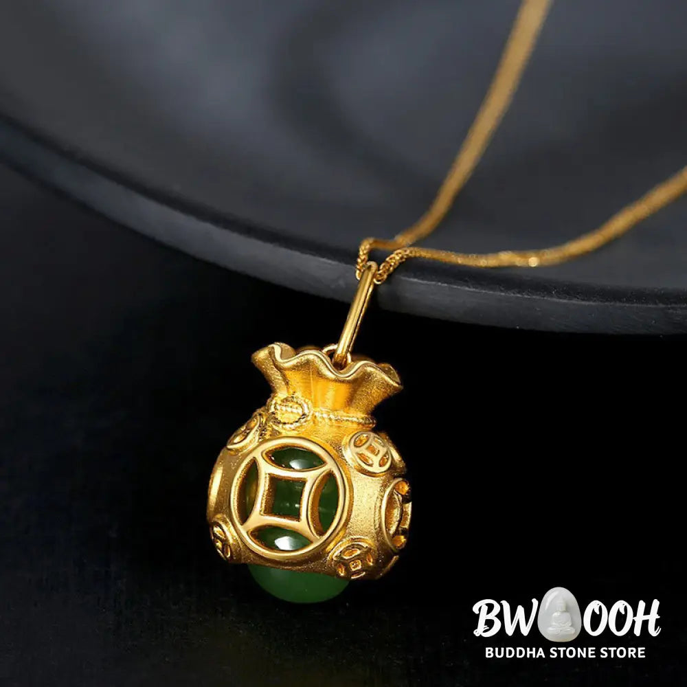 A BWOOOH Auspicious Feng Shui Money Bag Jade Pendant Necklace, featuring a 15x20MM jade money bag design crafted from White and Cyan Jade, set in 24K Gold Plated Copper, symbolizing protection, luck, and abundance. - View 6