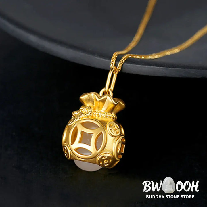 A BWOOOH Auspicious Feng Shui Money Bag Jade Pendant Necklace, featuring a 15x20MM jade money bag design crafted from White and Cyan Jade, set in 24K Gold Plated Copper, symbolizing protection, luck, and abundance. - View 2