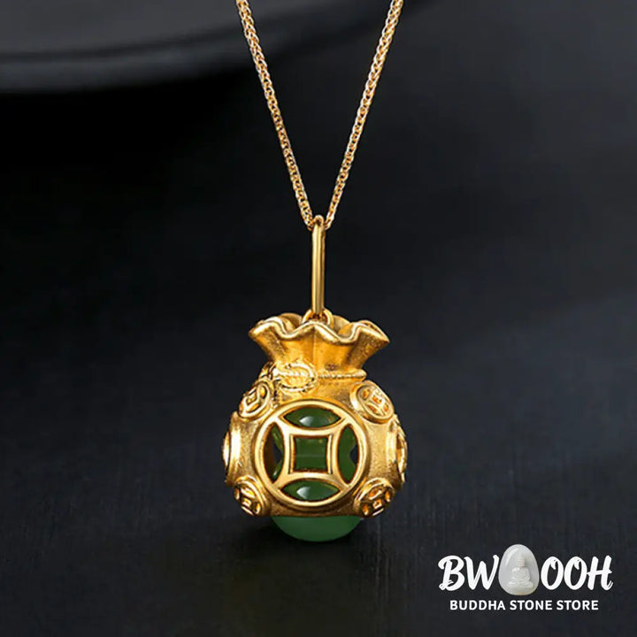 A BWOOOH Auspicious Feng Shui Money Bag Jade Pendant Necklace, featuring a 15x20MM jade money bag design crafted from White and Cyan Jade, set in 24K Gold Plated Copper, symbolizing protection, luck, and abundance. - View 5