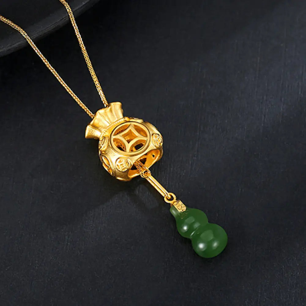 A BWOOOH Auspicious Feng Shui Money Bag Jade Pendant Necklace, featuring a 15x20MM jade money bag design crafted from White and Cyan Jade, set in 24K Gold Plated Copper, symbolizing protection, luck, and abundance. - View 4