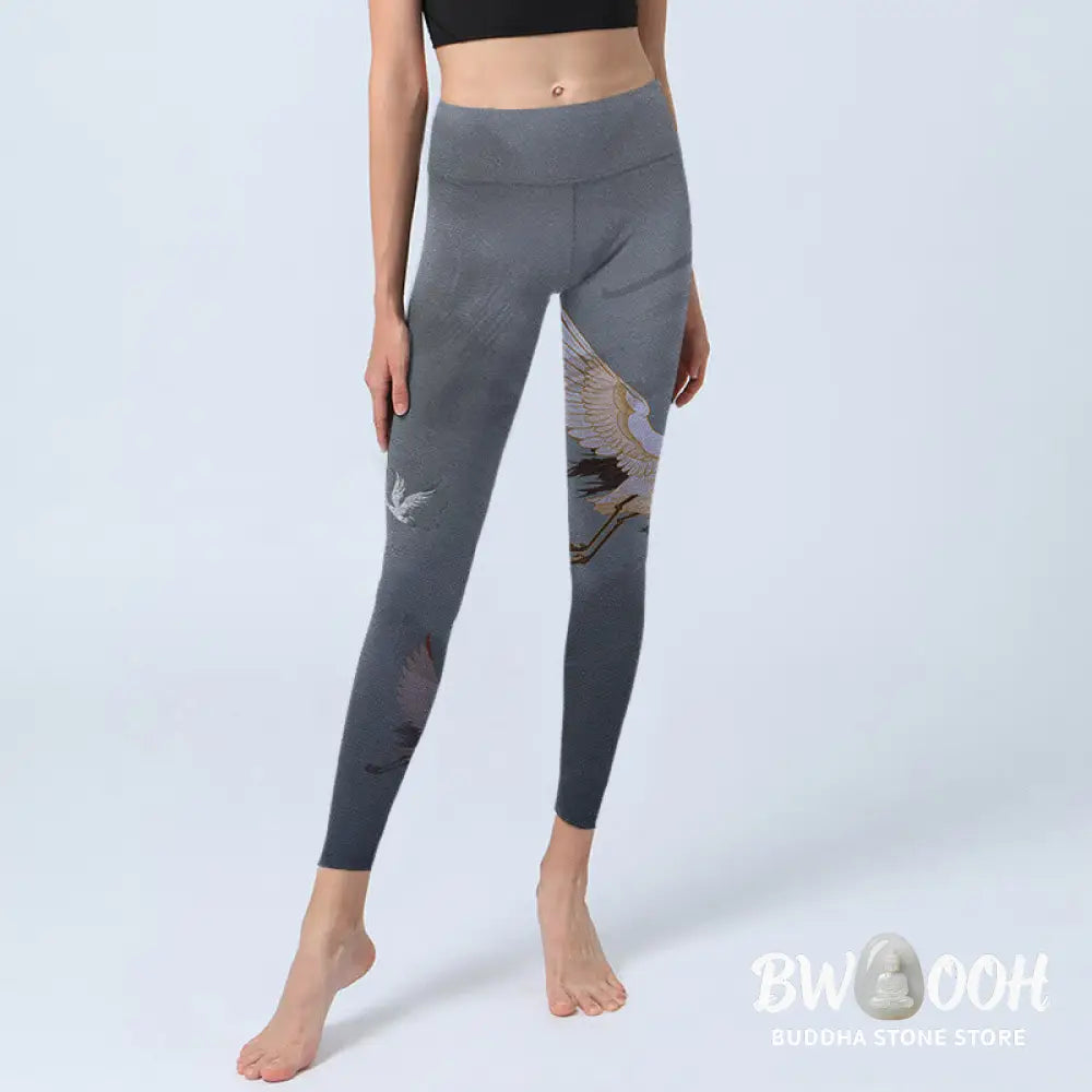 BWOOOH printed yoga leggings - Auspicious White Crane Pine Tree Print G