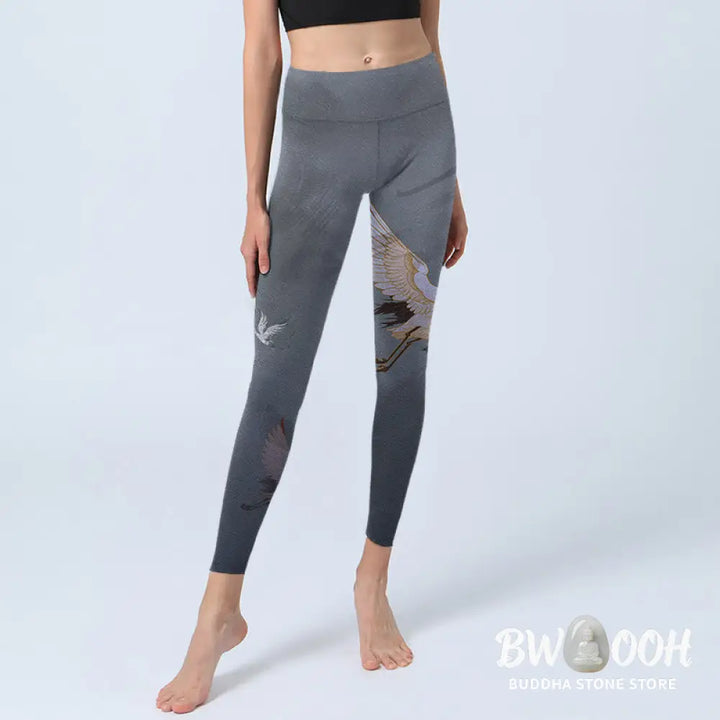 BWOOOH printed yoga leggings - Auspicious White Crane Pine Tree Print G