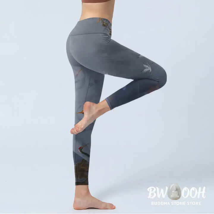 BWOOOH printed yoga leggings - Auspicious White Crane Pine Tree Print G