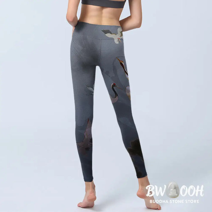 BWOOOH printed yoga leggings - Auspicious White Crane Pine Tree Print G