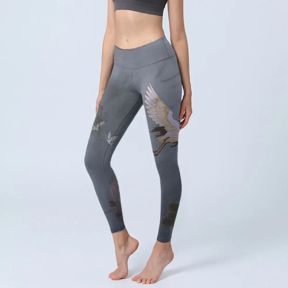 BWOOOH printed yoga leggings - Auspicious White Crane Pine Tree Print G