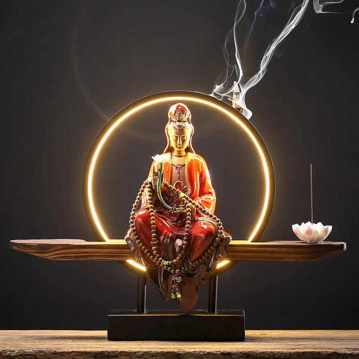 BWOOOH Buddha Avalokitesvara Ceramic Lotus Relaxation Incense Burner Decoration - Lotus Avalokitesvara Red
