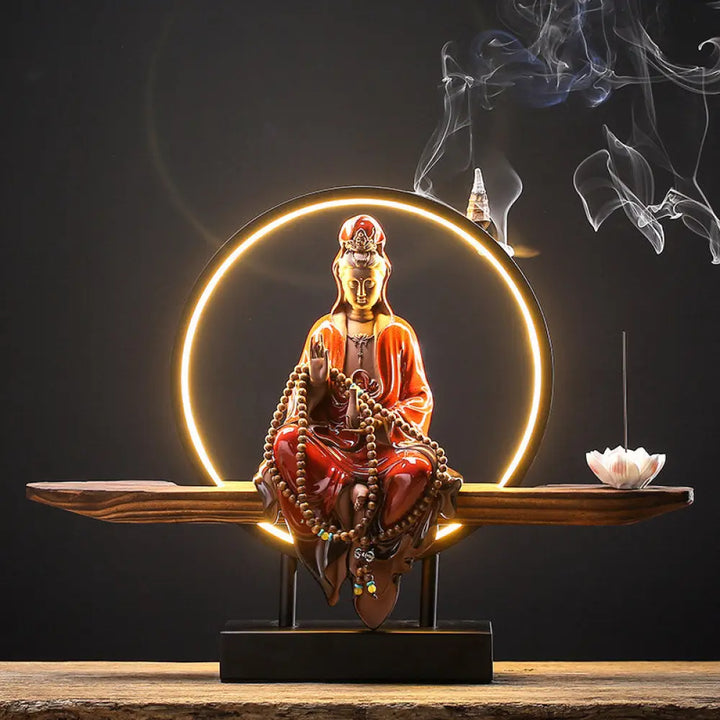 BWOOOH Buddha Avalokitesvara Ceramic Lotus Relaxation Incense Burner Decoration - Avalokitesvara Red