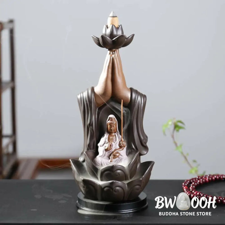 BWOOOH Buddha Avalokitesvara Chenrezig Ksitigarbha Ceramic Lotus Blessing Backflow Incense Burner