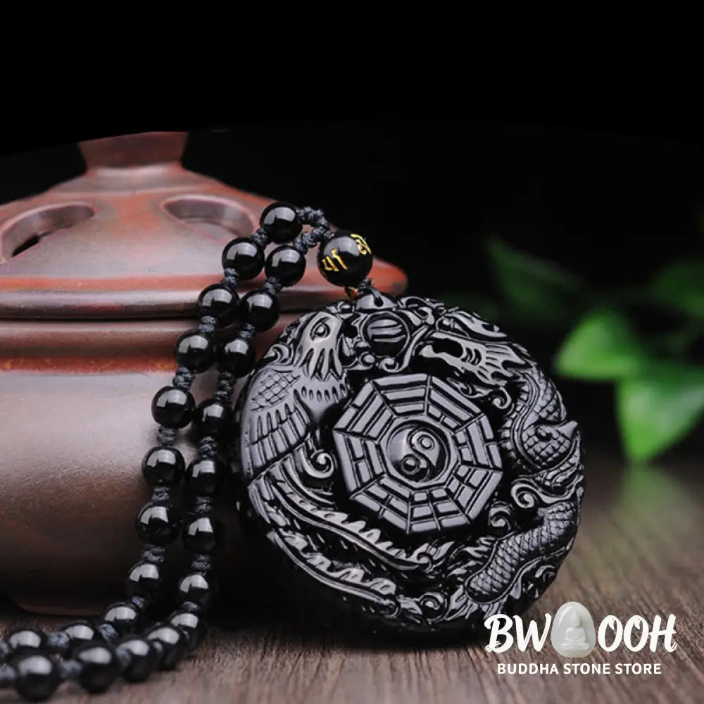 BWOOOH Bagua Dragon Phoenix Obsidian Fulfilment Pendant Necklace, featuring a 50x50x10mm carved black obsidian pendant with intricate Bagua, dragon, and phoenix symbols, suspended on an adjustable unisex cord. - View 5