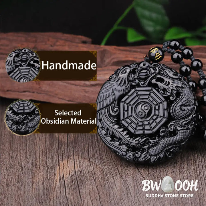 BWOOOH Bagua Dragon Phoenix Obsidian Fulfilment Pendant Necklace, featuring a 50x50x10mm carved black obsidian pendant with intricate Bagua, dragon, and phoenix symbols, suspended on an adjustable unisex cord. - View 6