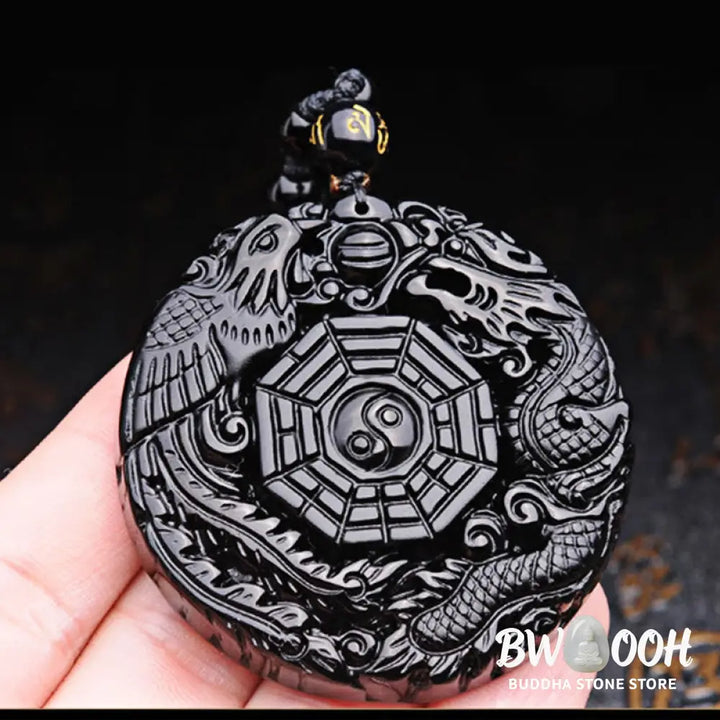 BWOOOH Bagua Dragon Phoenix Obsidian Fulfilment Pendant Necklace, featuring a 50x50x10mm carved black obsidian pendant with intricate Bagua, dragon, and phoenix symbols, suspended on an adjustable unisex cord. - View 11