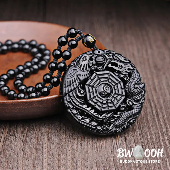 BWOOOH Bagua Dragon Phoenix Obsidian Fulfilment Pendant Necklace, featuring a 50x50x10mm carved black obsidian pendant with intricate Bagua, dragon, and phoenix symbols, suspended on an adjustable unisex cord. - View 8