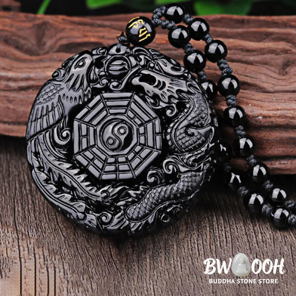 BWOOOH Bagua Dragon Phoenix Obsidian Fulfilment Pendant Necklace, featuring a 50x50x10mm carved black obsidian pendant with intricate Bagua, dragon, and phoenix symbols, suspended on an adjustable unisex cord. - View 10