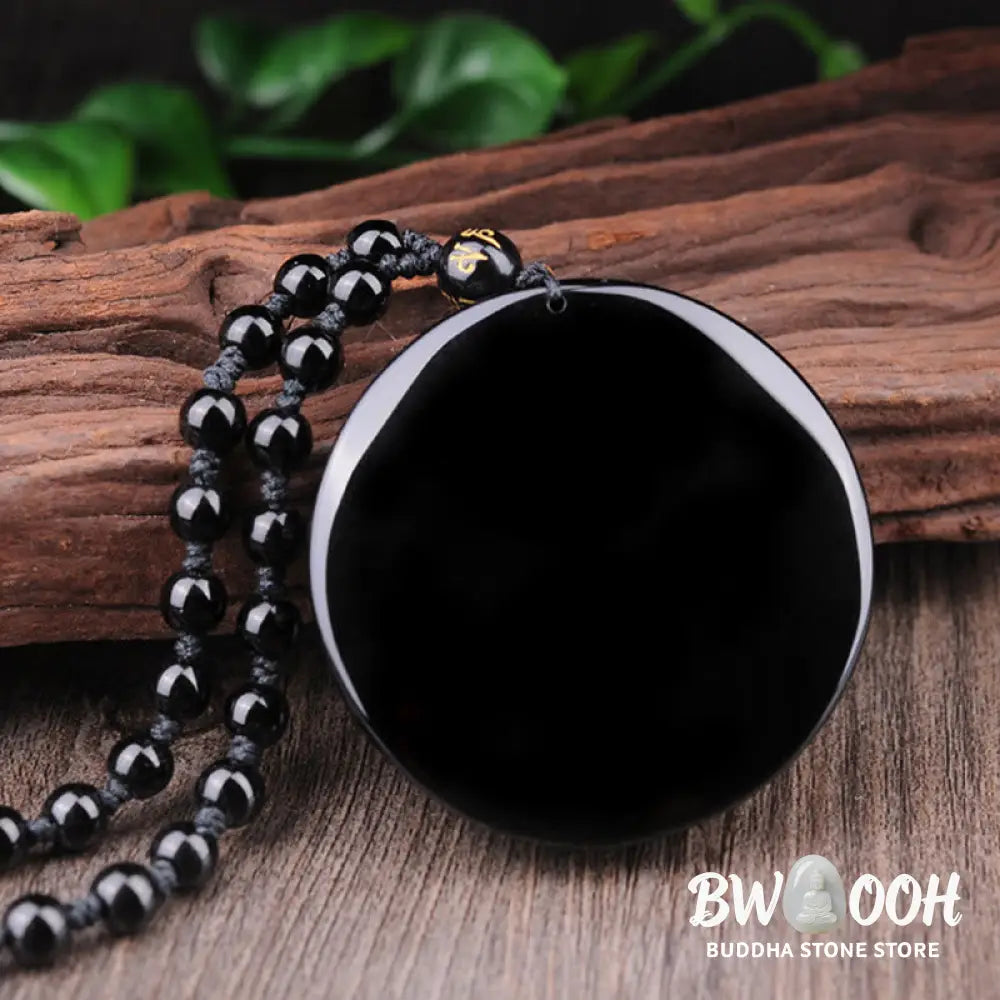 BWOOOH Bagua Dragon Phoenix Obsidian Fulfilment Pendant Necklace, featuring a 50x50x10mm carved black obsidian pendant with intricate Bagua, dragon, and phoenix symbols, suspended on an adjustable unisex cord. - View 12