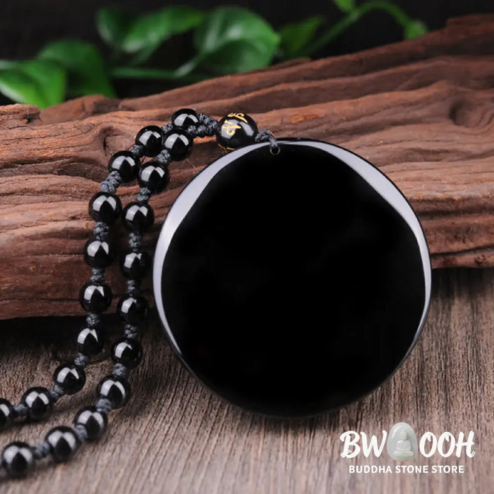BWOOOH Bagua Dragon Phoenix Obsidian Fulfilment Pendant Necklace, featuring a 50x50x10mm carved black obsidian pendant with intricate Bagua, dragon, and phoenix symbols, suspended on an adjustable unisex cord. - View 12