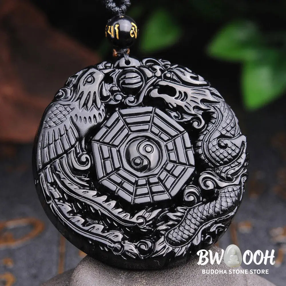 BWOOOH Bagua Dragon Phoenix Obsidian Fulfilment Pendant Necklace, featuring a 50x50x10mm carved black obsidian pendant with intricate Bagua, dragon, and phoenix symbols, suspended on an adjustable unisex cord. - View 2
