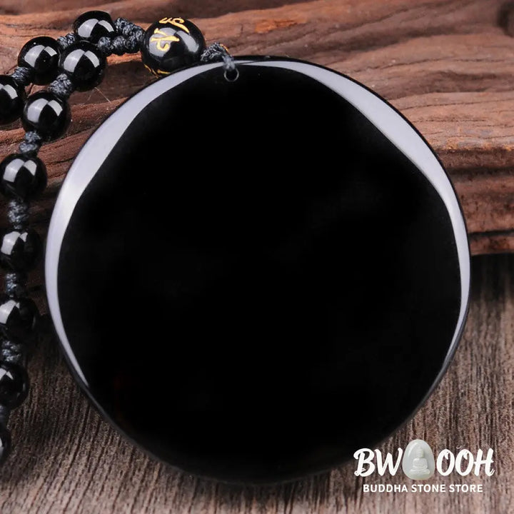 BWOOOH Bagua Dragon Phoenix Obsidian Fulfilment Pendant Necklace, featuring a 50x50x10mm carved black obsidian pendant with intricate Bagua, dragon, and phoenix symbols, suspended on an adjustable unisex cord. - View 4