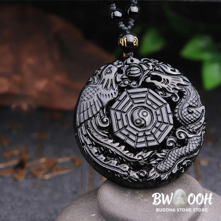 BWOOOH Bagua Dragon Phoenix Obsidian Fulfilment Pendant Necklace, featuring a 50x50x10mm carved black obsidian pendant with intricate Bagua, dragon, and phoenix symbols, suspended on an adjustable unisex cord. - View 9