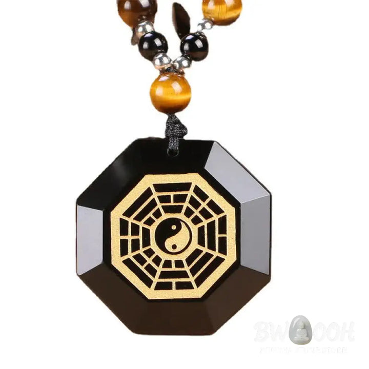 Buddha Stones Bagua Yin Yang Black Obsidian Purification Beaded Necklace Pendant - BWOOOH - Black Obsidian