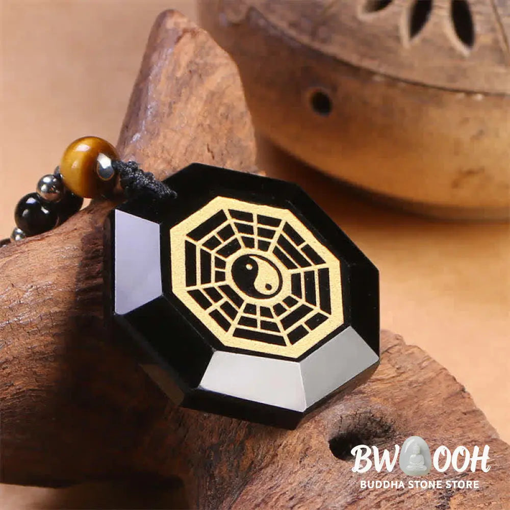 Buddha Stones Bagua Yin Yang Black Obsidian Purification Beaded Necklace Pendant - BWOOOH - Black Obsidian