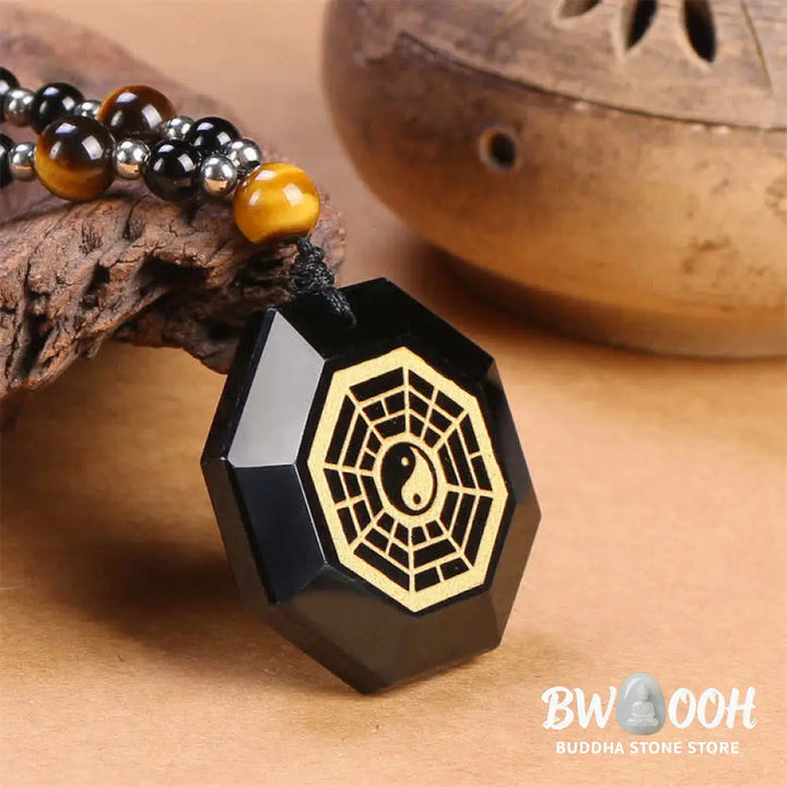 Buddha Stones Bagua Yin Yang Black Obsidian Purification Beaded Necklace Pendant - BWOOOH - Black Obsidian