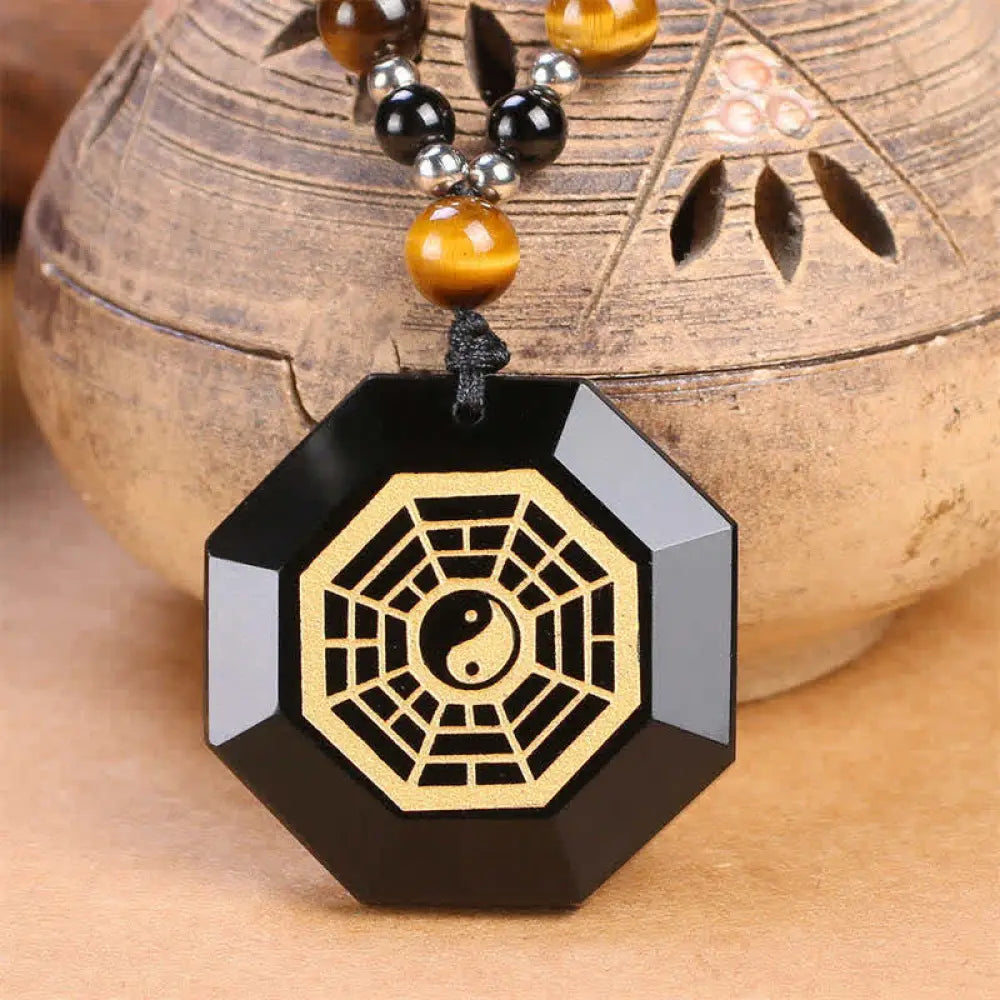 BWOOOH Bagua Yin Yang Black Obsidian Purification Beaded Necklace Pendant - protection necklace