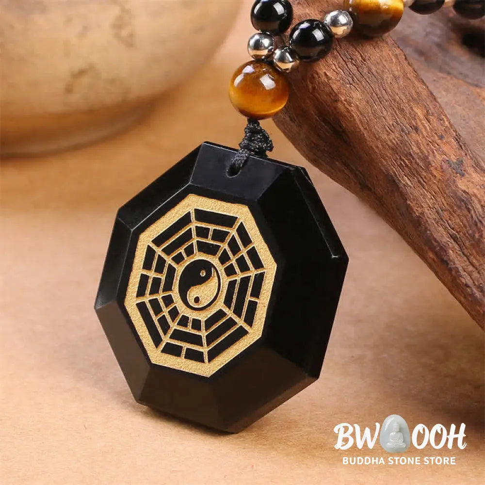 Buddha Stones Bagua Yin Yang Black Obsidian Purification Beaded Necklace Pendant - BWOOOH - Black Obsidian