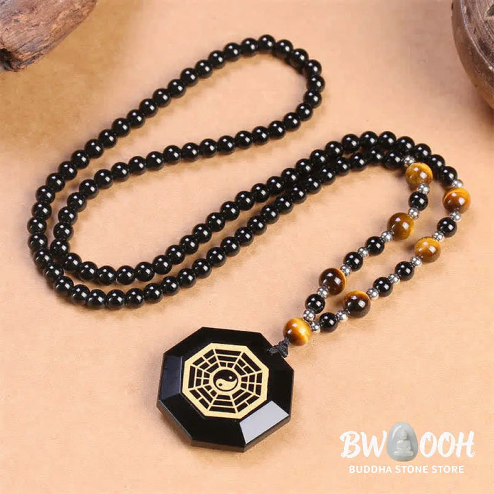 Buddha Stones Bagua Yin Yang Black Obsidian Purification Beaded Necklace Pendant - BWOOOH - Black Obsidian