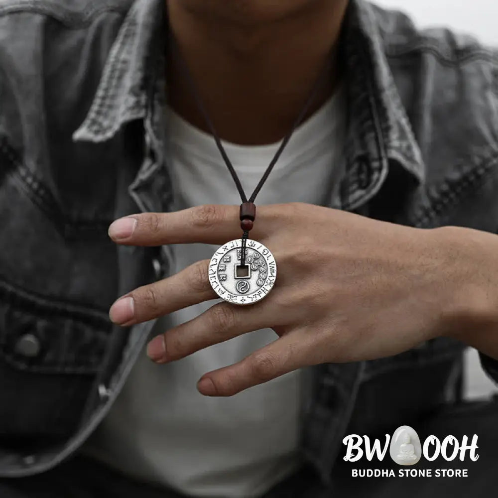 BWOOOH Bagua Yin Yang Balance Energy Necklace Pendant made of White Copper Plated Silver, featuring eight trigrams for harmony, spiritual wellness, and good fortune. - View 4