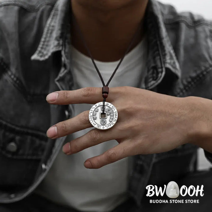 BWOOOH Bagua Yin Yang Balance Energy Necklace Pendant made of White Copper Plated Silver, featuring eight trigrams for harmony, spiritual wellness, and good fortune. - View 4