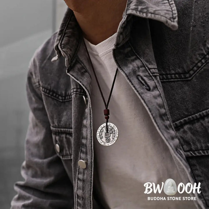 BWOOOH Bagua Yin Yang Balance Energy Necklace Pendant made of White Copper Plated Silver, featuring eight trigrams for harmony, spiritual wellness, and good fortune. - View 3