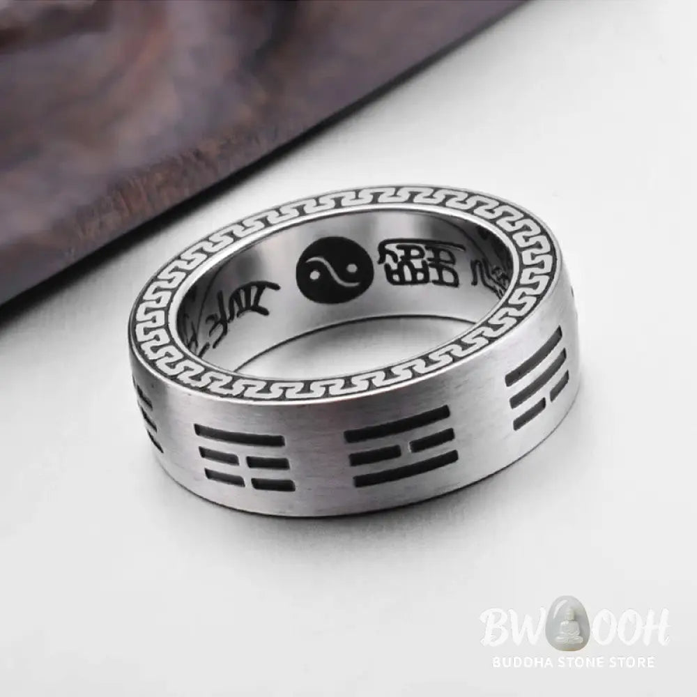 Buddha Stones Bagua Yin Yang Taoist Nine-Character Mantra Titanium Steel Harmony Ring - Ring
