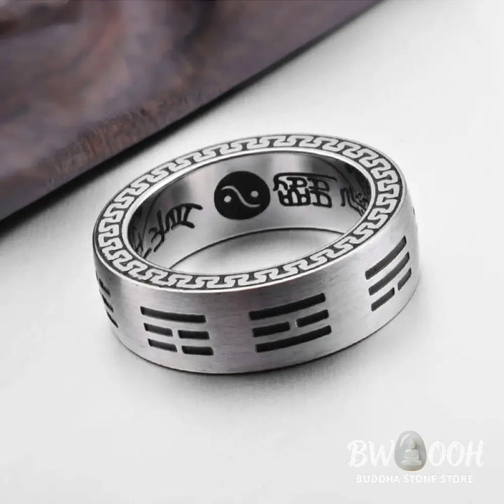Buddha Stones Bagua Yin Yang Taoist Nine-Character Mantra Titanium Steel Harmony Ring - Ring