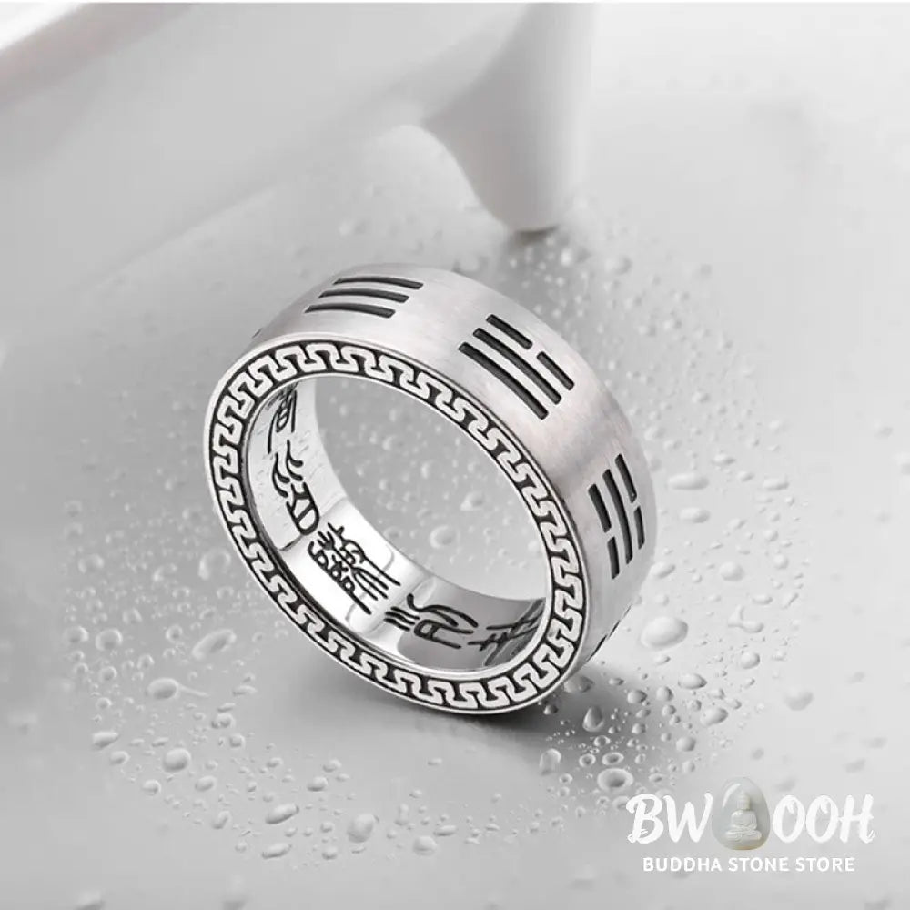 Buddha Stones Bagua Yin Yang Taoist Nine-Character Mantra Titanium Steel Harmony Ring - Ring