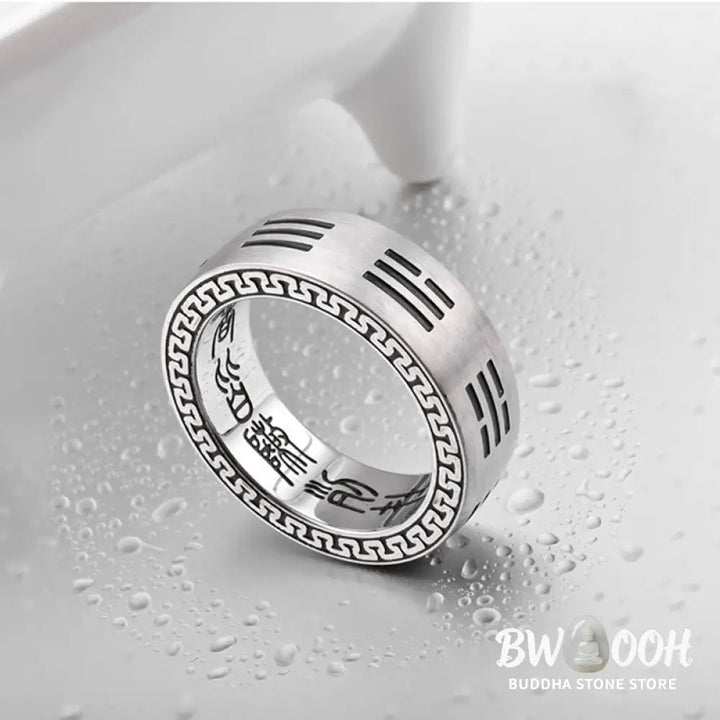 Buddha Stones Bagua Yin Yang Taoist Nine-Character Mantra Titanium Steel Harmony Ring - Ring