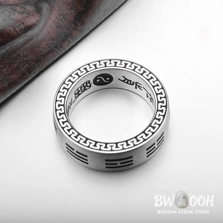 Buddha Stones Bagua Yin Yang Taoist Nine-Character Mantra Titanium Steel Harmony Ring - Ring