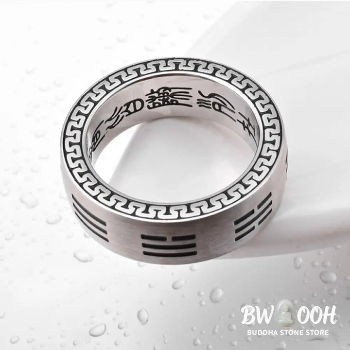 Buddha Stones Bagua Yin Yang Taoist Nine-Character Mantra Titanium Steel Harmony Ring - Ring