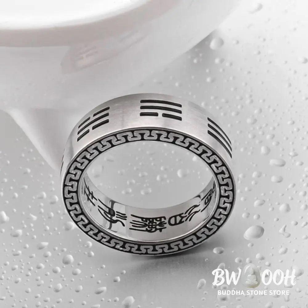 Buddha Stones Bagua Yin Yang Taoist Nine-Character Mantra Titanium Steel Harmony Ring - Ring