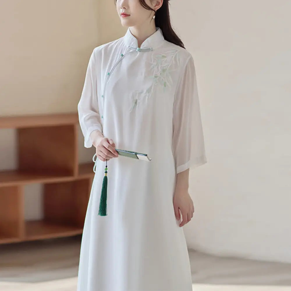 Buddha Stones Bamboo Cheongsam Dress Midi Dress Wide Leg Pants Meditation Spiritual Zen Practice Clothing - Cheongsam