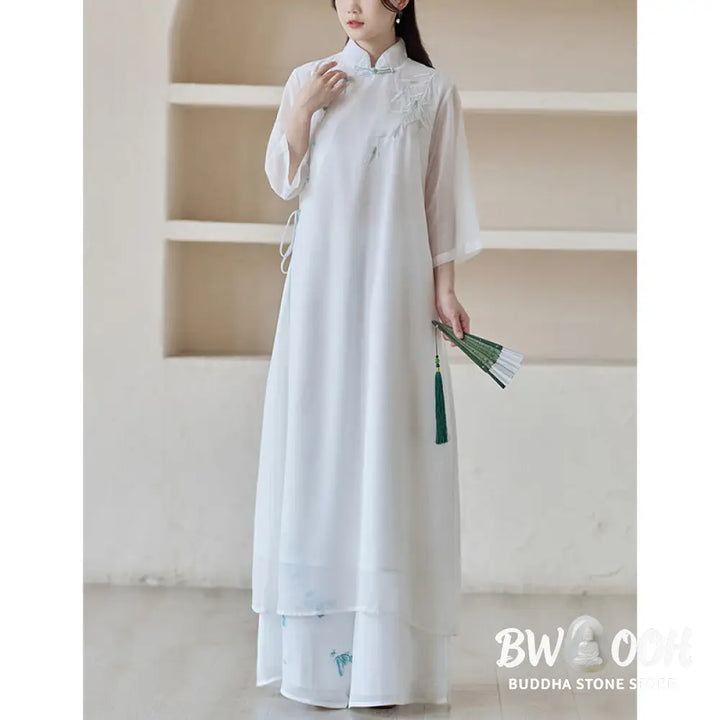 Buddha Stones Bamboo Cheongsam Dress Midi Dress Wide Leg Pants Meditation Spiritual Zen Practice Clothing - Women’s