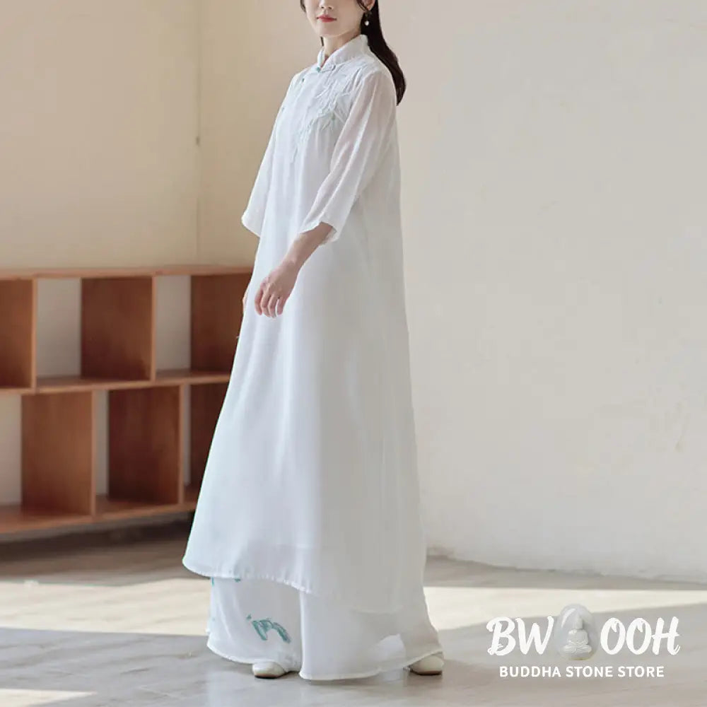 Buddha Stones Bamboo Cheongsam Dress Midi Dress Wide Leg Pants Meditation Spiritual Zen Practice Clothing - Women’s
