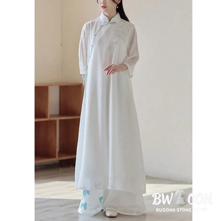 Buddha Stones Bamboo Cheongsam Dress Midi Dress Wide Leg Pants Meditation Spiritual Zen Practice Clothing - Women’s